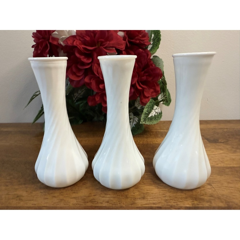 Vintage Hoosier Milk Glass Vases Swirl Fluted Design White MCM Wedding Decor
